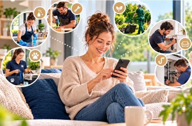 Frau auf dem Sofa bucht Dienstleistungen am Handy
