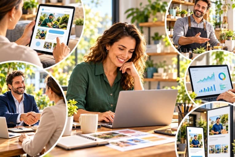 Frau am Laptop plant Werbung, umgeben von Szenen mit Partnern und Anzeigen